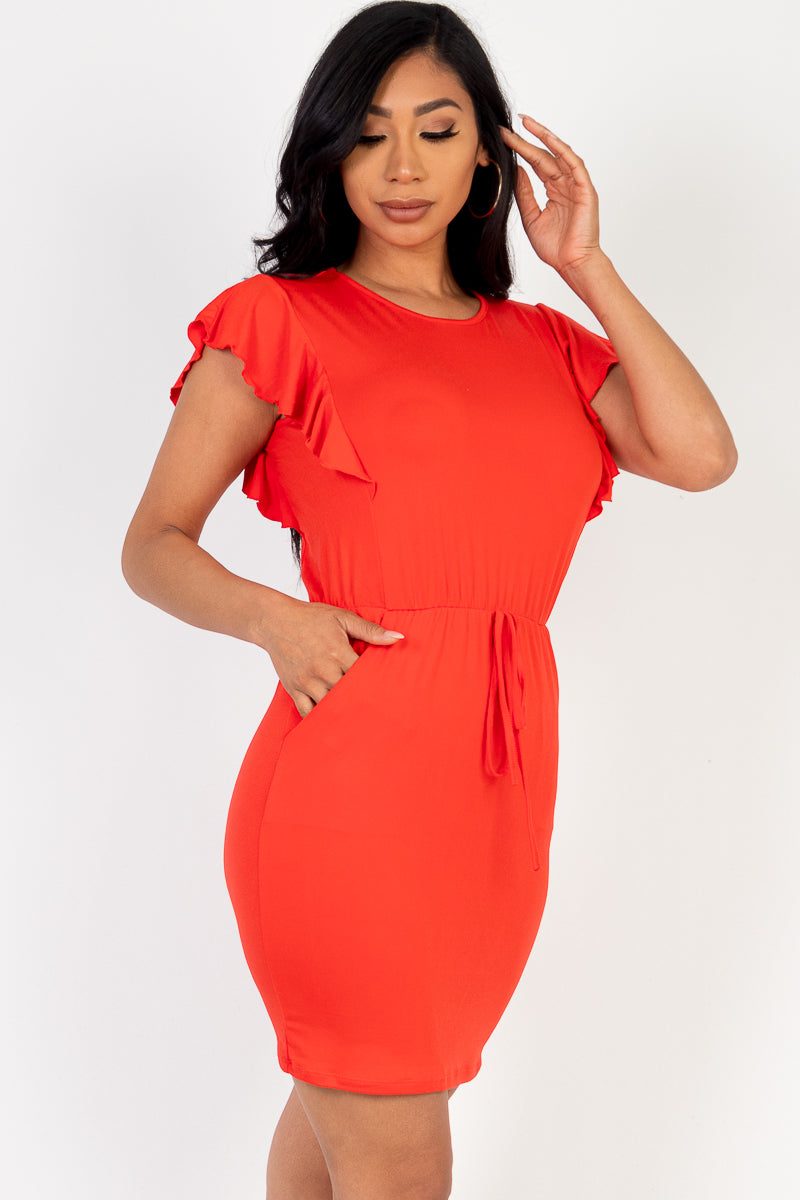 Butterfly Sleeve Tie Front Pocket Mini Bodycon - Luv Lush