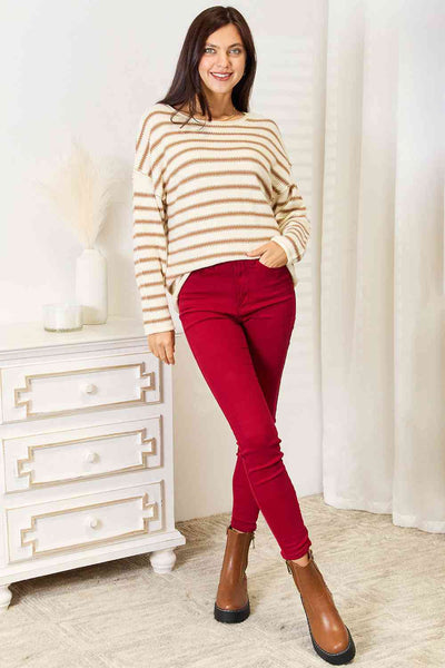Double Take Striped Boat Neck Sweater - Luv Lush