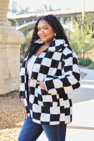 Double Take Full Size Checkered Button Front Coat with Pockets - Luv Lush