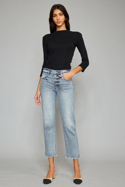 Fly Raw Hem Cropped Straight Jeans