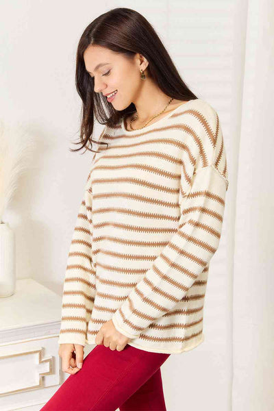 Double Take Striped Boat Neck Sweater - Luv Lush