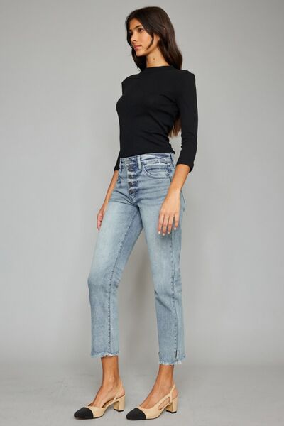 Fly Raw Hem Cropped Straight Jeans